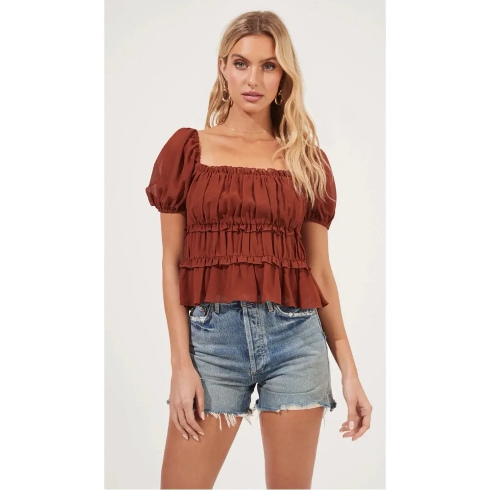 ASTR The Label Puff Sleeve Nutmeg Rust Puff Sleeve Blouse Top Size S